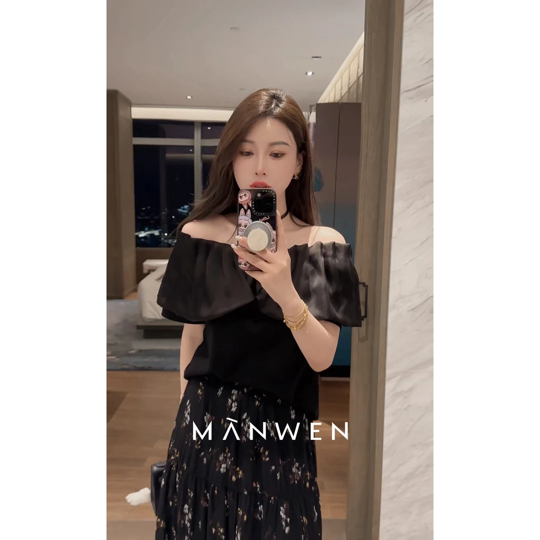 【曼文kiki】“美人胚”温柔法式 荷叶边一字肩短袖上衣 MANC595