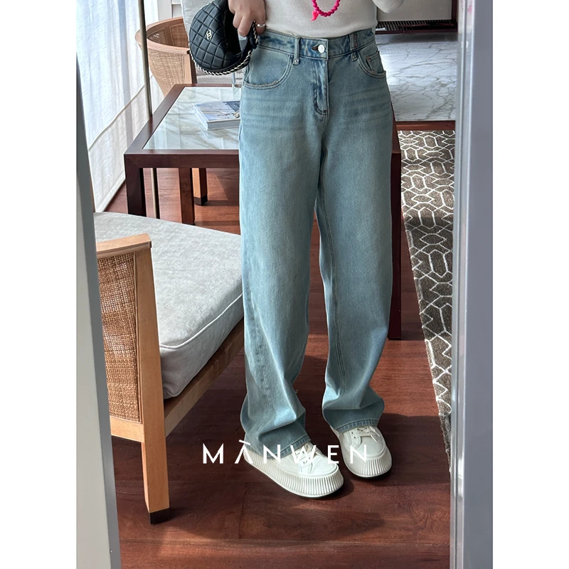 【曼文kiki】“果冻海”秋冬加绒显瘦浅色高腰直筒牛仔裤 MANA597