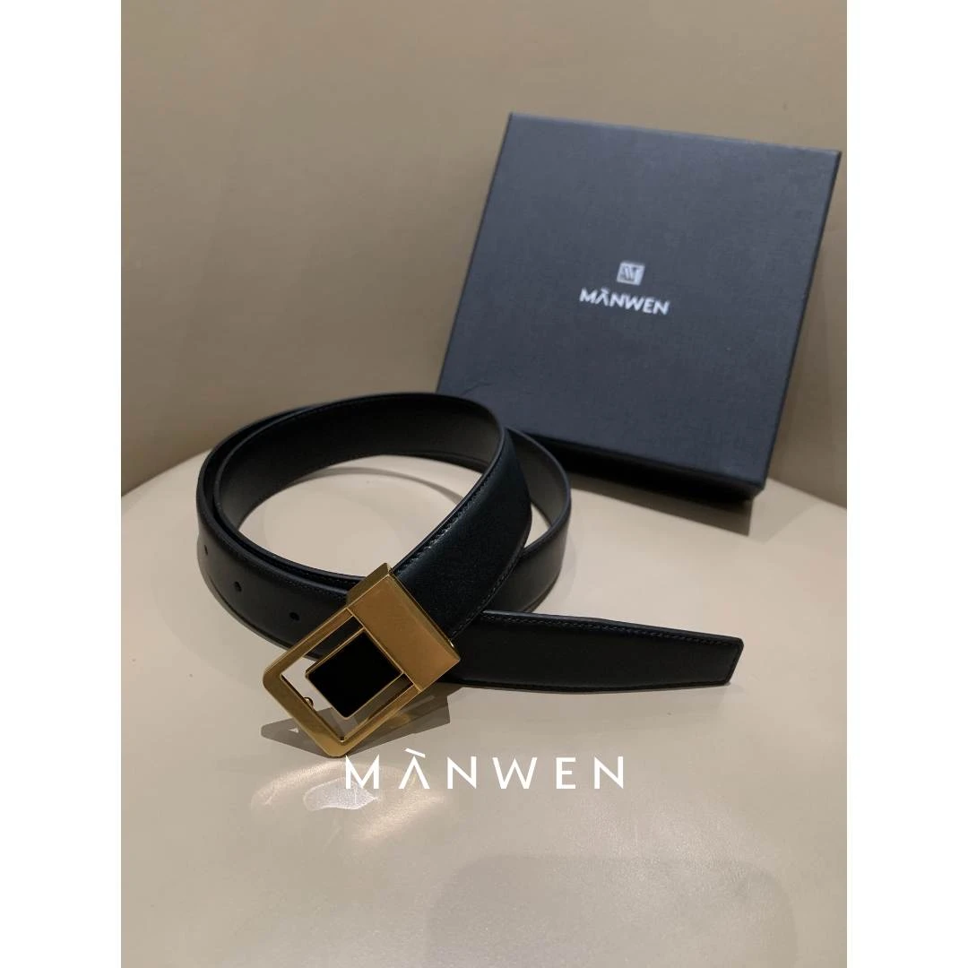 【曼文kiki】顶货！时髦方扣 黑金真皮腰带  MANQ117