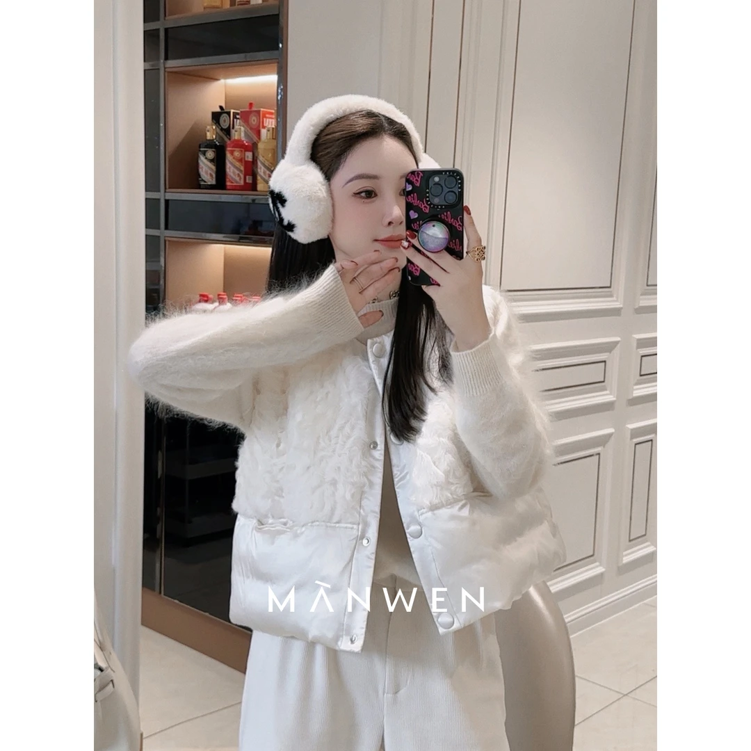 【曼文kiki】雪顶小湖羊  皮草拼接蚕丝鹅绒马甲 MANQ251