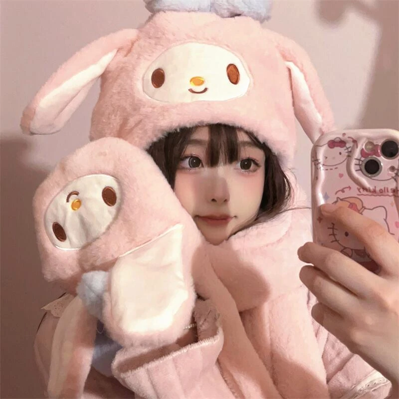 可爱玉桂狗耳朵会动毛绒帽子围巾一体女冬天加厚保暖护耳雷锋帽潮