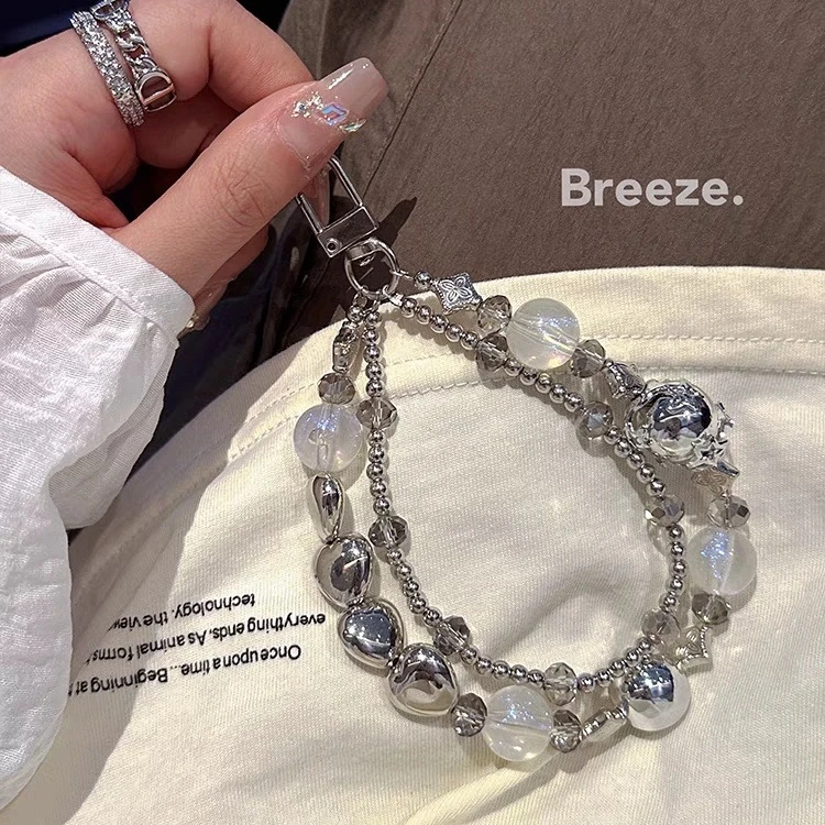 少女心气质串珠手链高级感手机挂绳爱心手腕短绳多用银色手提绳