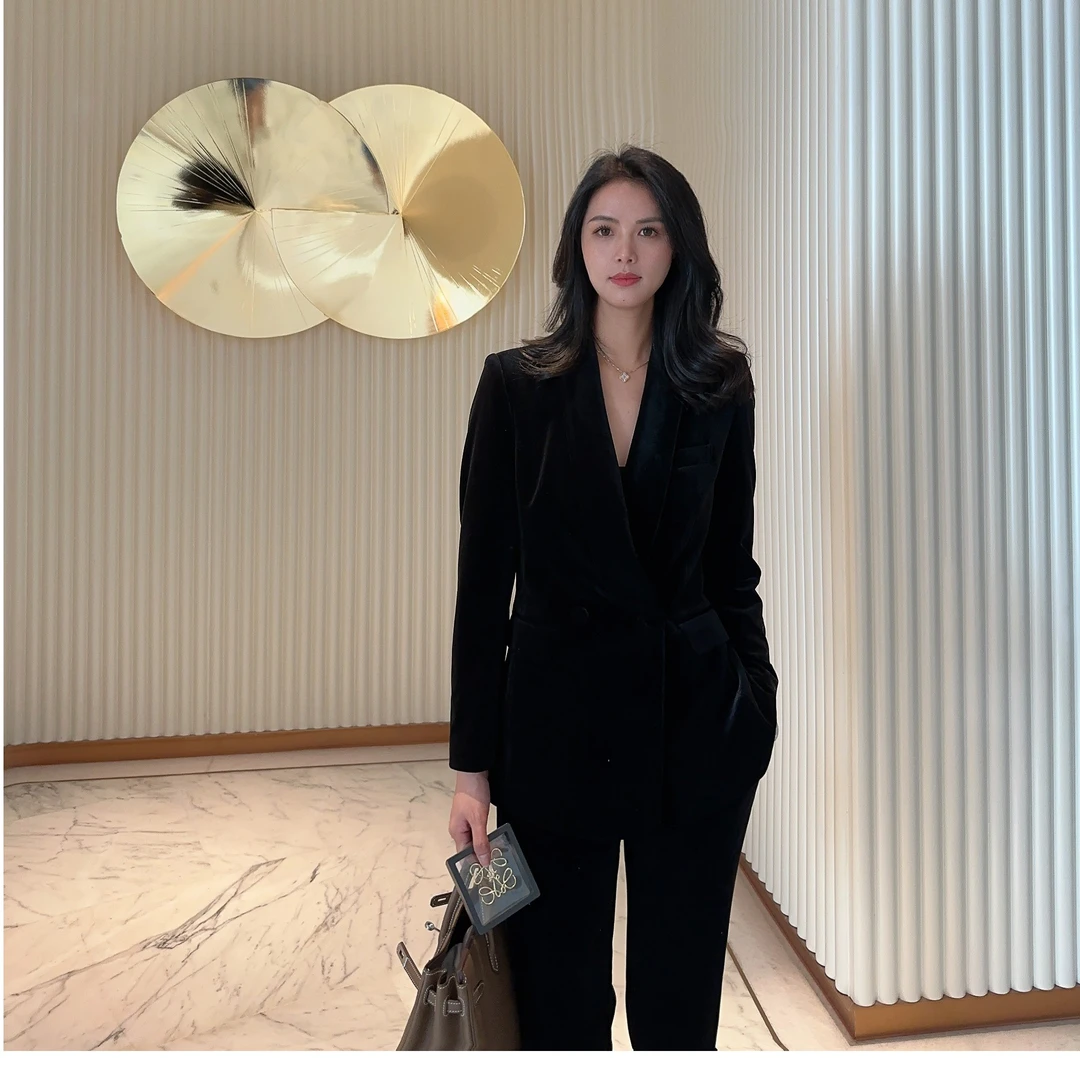 黑色气质青果领丝绒套装 修身洋气西服女百搭西装套装九分裤显瘦1