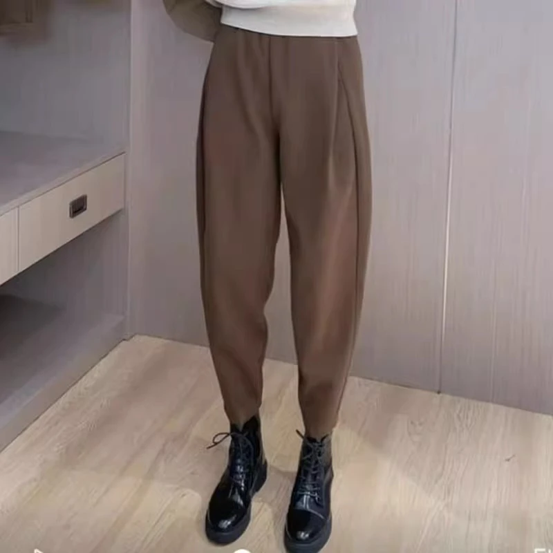 欧货毛呢哈伦裤女显瘦百搭秋冬新款高腰束脚休闲九分裤宽松萝卜裤