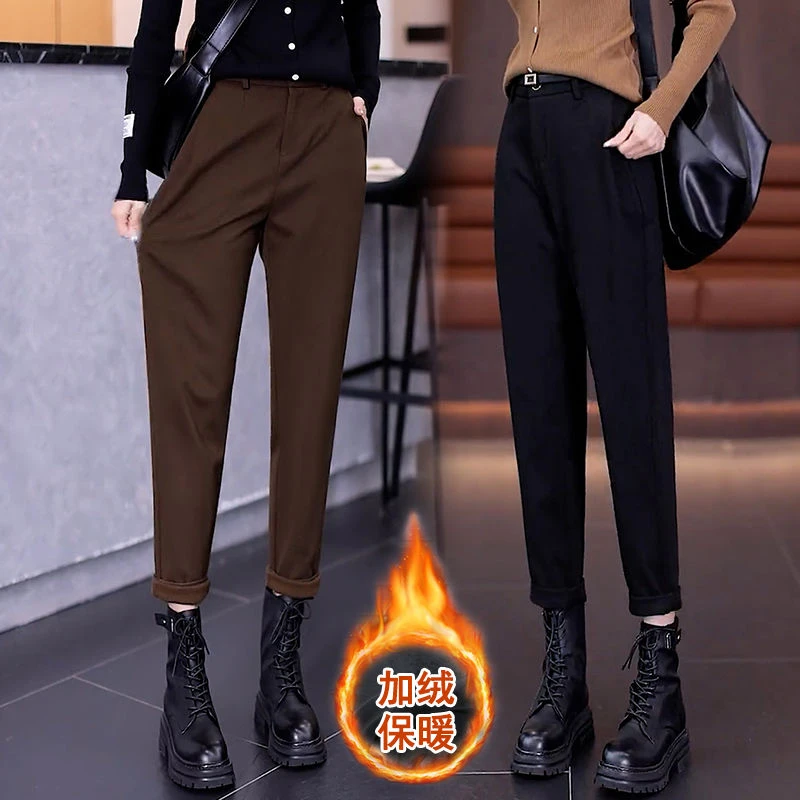 毛呢松紧腰时尚秋冬2025新款九分裤加绒加厚高腰显瘦萝卜烟管黑色