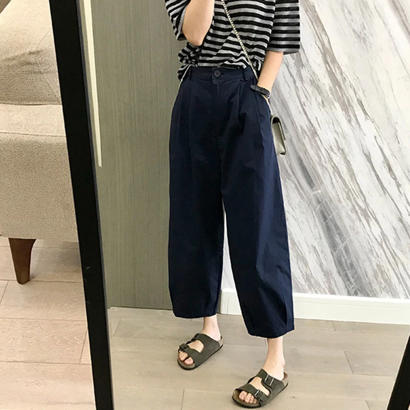 夏季薄款百搭直筒休闲裤子新款宽松显瘦洋气高腰哈伦裤九分裤女