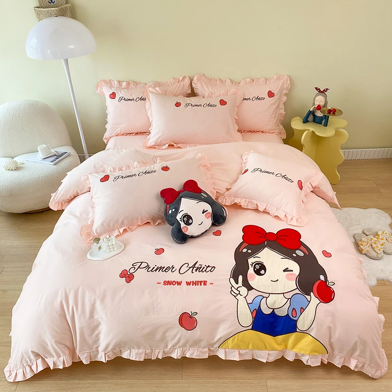 公主风可爱韩版白雪公主加密加厚立体贴布绣全棉100棉床上四件套