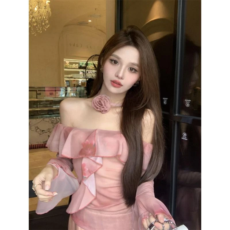 气质一字肩上衣纯欲秋季风新款荷叶边衬衫女2023早秋长袖设计感扎