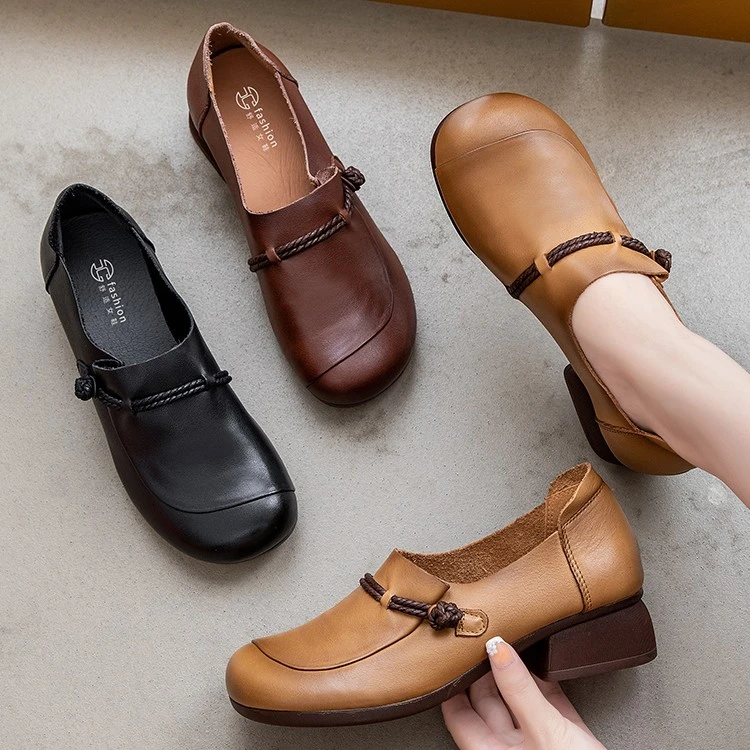 9371春秋女款休闲妈妈鞋软底软面舒适女鞋中老年皮鞋粗跟单鞋