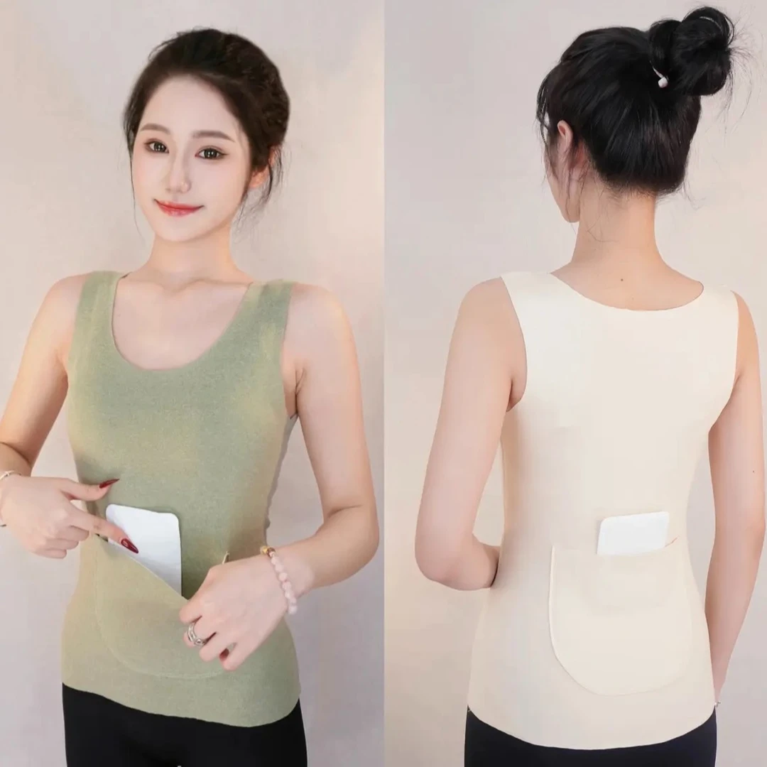 加口袋双兜无痕保暖背心女秋冬徳绒加厚防寒暖宫护腰大码打底内衣