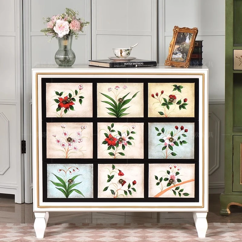 OGM2316美式乡村玄关柜实木彩绘假九格三斗柜抽屉储物柜子复古白