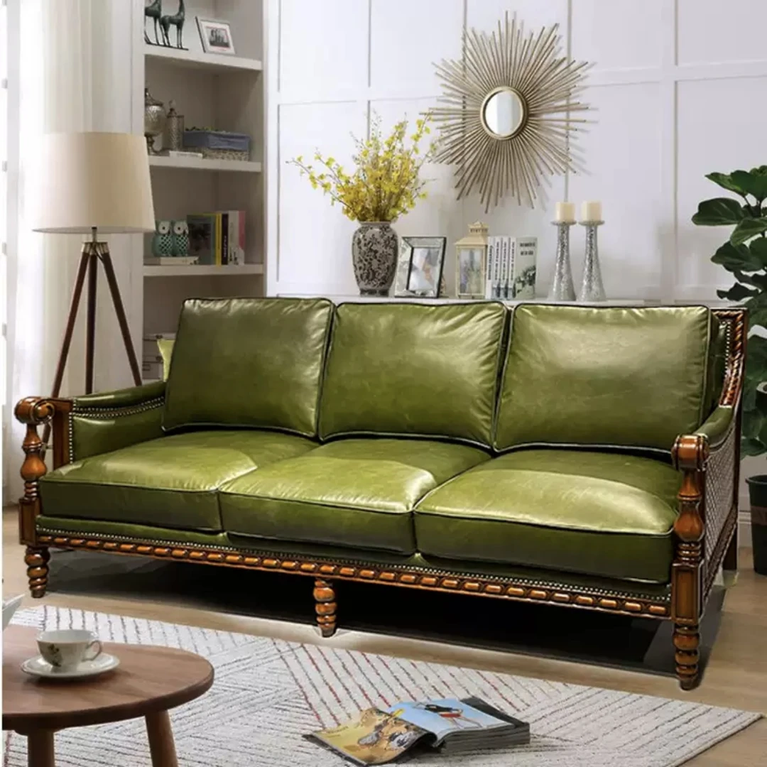 美式实木沙发客厅复古真皮沙发组合欧式小户型别墅轻奢皮艺沙发