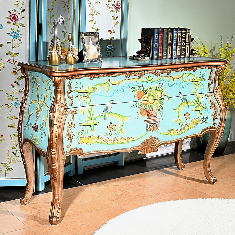 美式乡村彩绘玄关柜进门入户储物收纳柜门厅柜小户型客厅装饰边柜