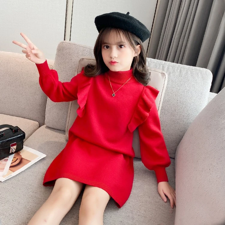 女童秋冬连衣裙2022新款韩版洋气儿童针织花边毛衣裙110-170码