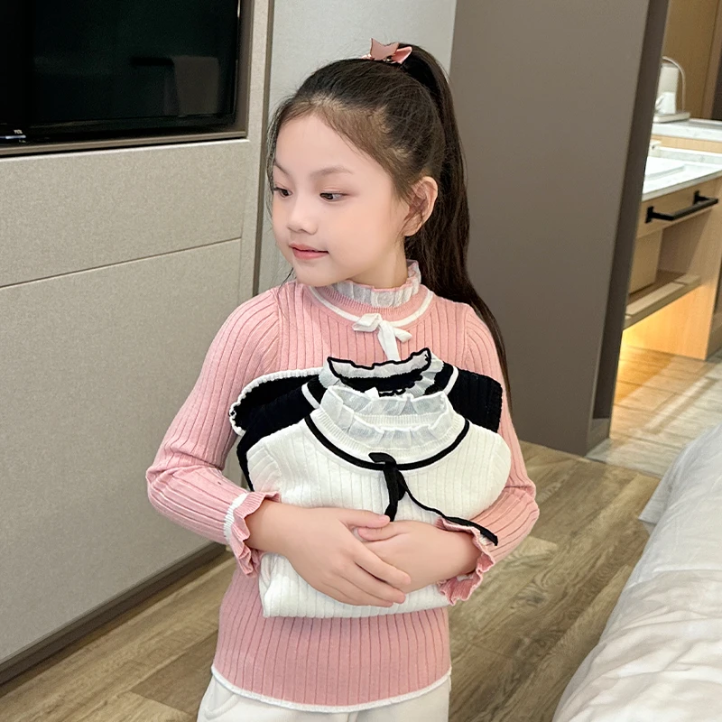 女童针织打底衫秋冬季2024新款童装儿童纯色半高领毛衣中大童上衣