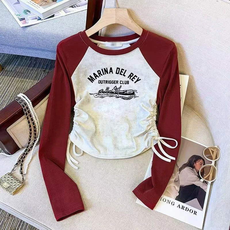 女童T恤长袖春秋2025新款插肩袖抽绳中大童宝宝撞色打底衫上衣服