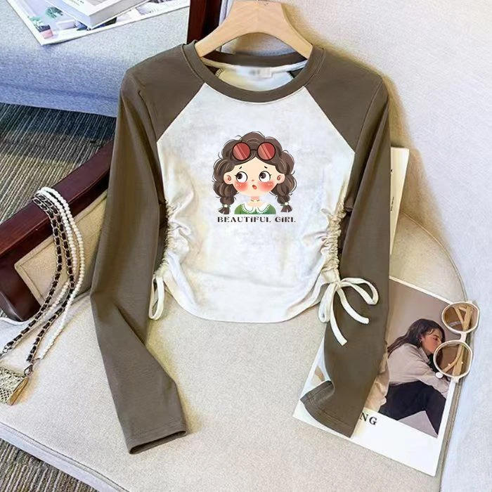 撞色中大童打底T恤2025抽绳新款女童卡通洋气长袖春秋上衣服