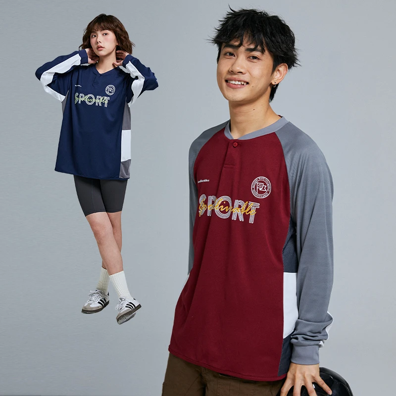 GOODLIVEABLE 美式速干透气拼色长袖T恤男户外运动复古红色足球服