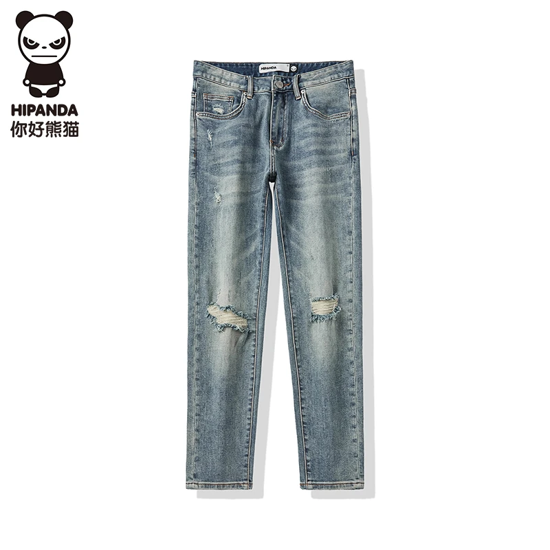 Hipanda 美式复古破洞牛仔裤2024夏季新款潮流宽松直筒男牛仔裤子