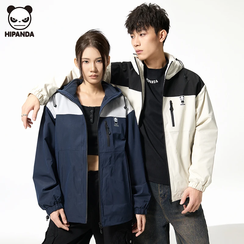Hi Panda秋冬季三防保暖时尚夹克潮牌三合一撞色设计情侣连帽外套