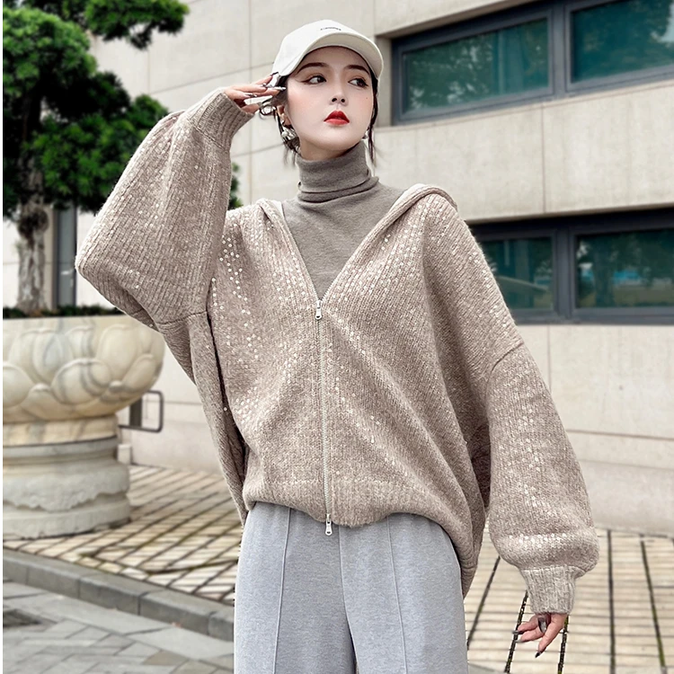 AMASS/阿玛施满天星辰百搭宽松加厚珠片连帽针织衫女外套/5499186