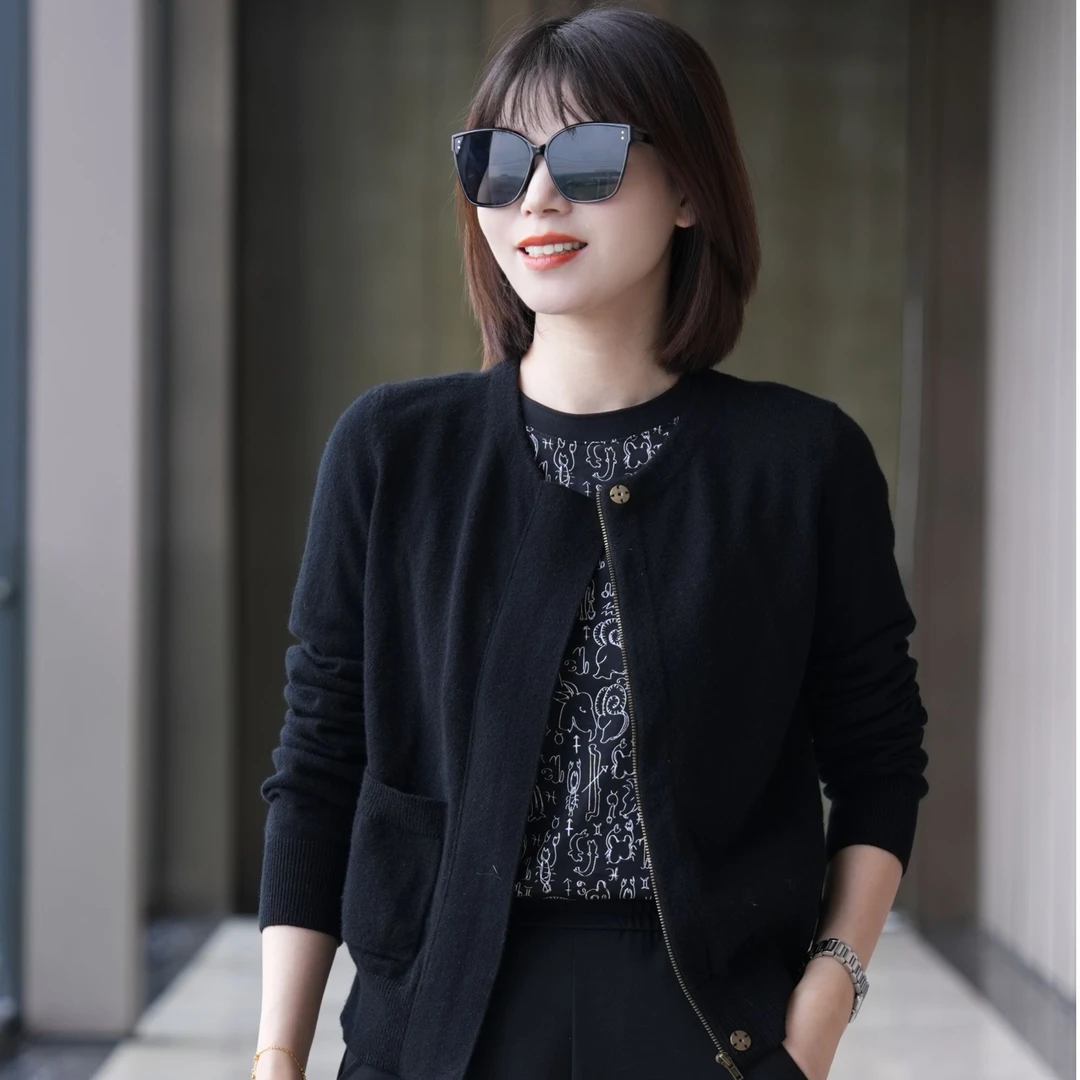 AMASS/阿玛施 显瘦百搭圆领山羊绒拉链小香风长袖开衫女5499118