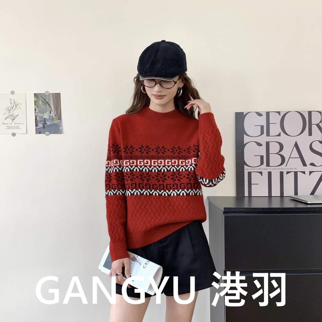 GANGYU/港羽2025春秋新款三色提花双G洋气时尚秋冬内搭套头衫
