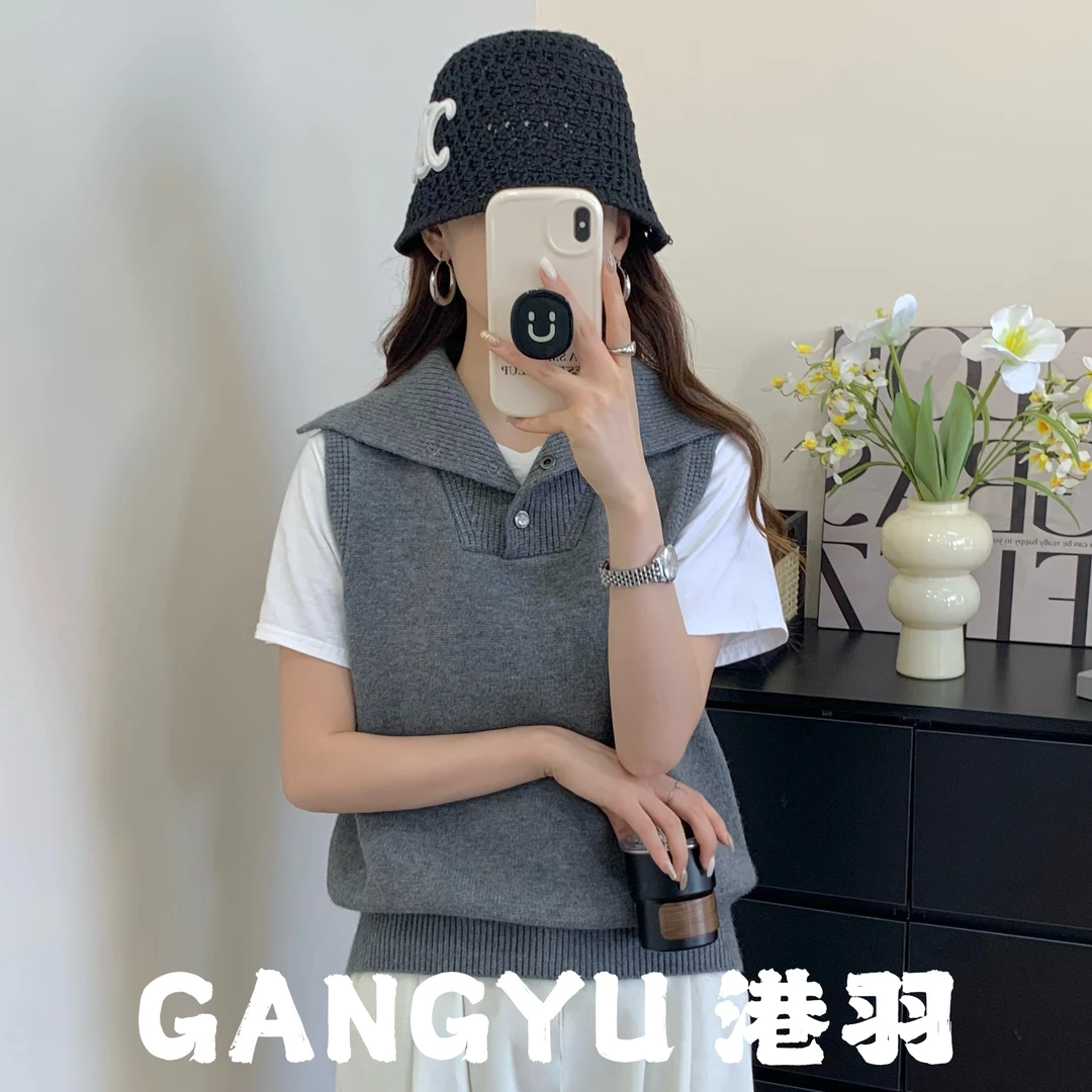 GANGYU/港羽2025春秋装新款宽松外穿马夹叠穿毛衣坎肩潮翻领