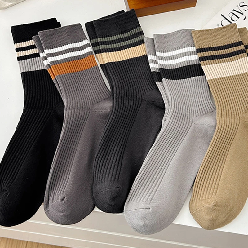 双针袜子男士秋冬抗菌防臭中筒袜纯棉无线头复古商务风男士长袜