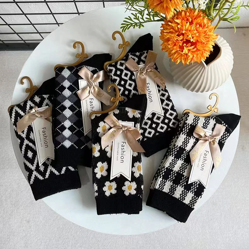 美拉德搭配毛衣大衣双针双路袜子女秋冬中长筒纯棉袜复古民族风