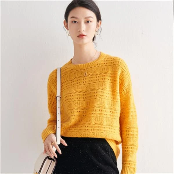 圆领镂空设计保暖柔软套头毛衣针织羊绒衫女ET21631R-A