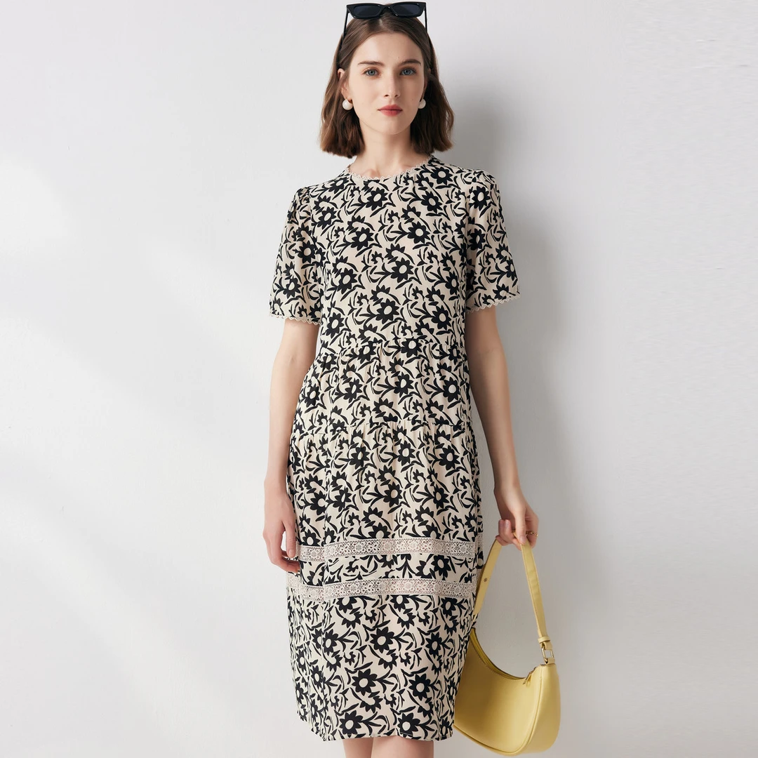 镂空蕾丝裙摆花边圆领双绉真丝连衣裙 ES23862Z【838】