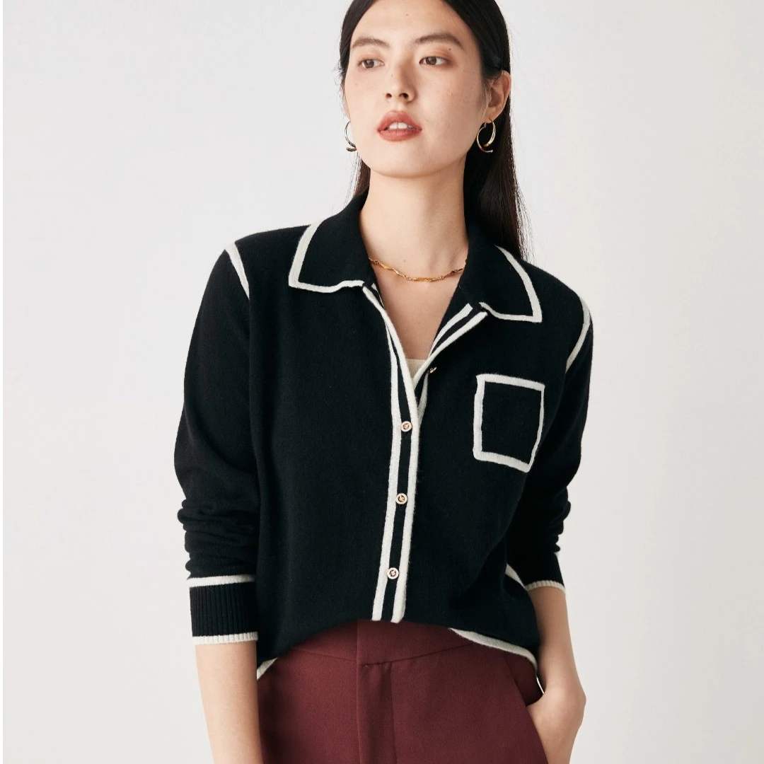 【撞色】小众撞色纯羊绒翻领开衫气质针织羊绒衫女ET22281R-1【920】