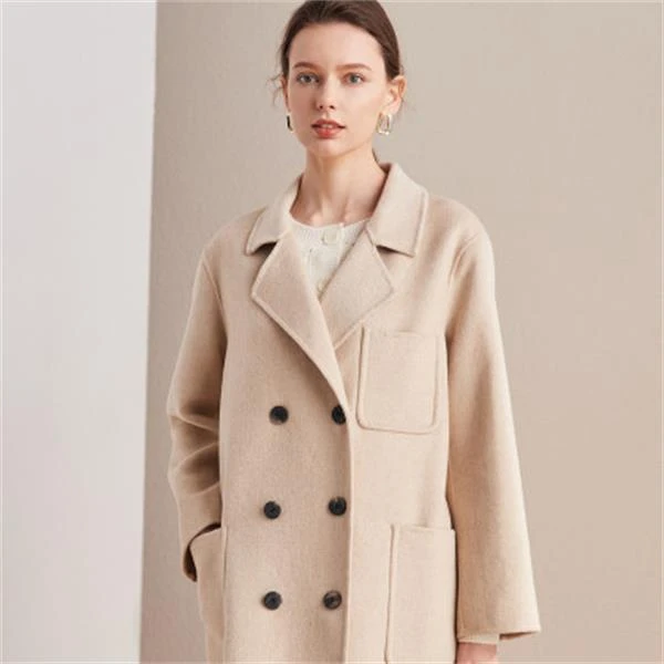 优质简约纯色翻领女双排扣百搭时尚毛呢大衣ET22120D-A【717】