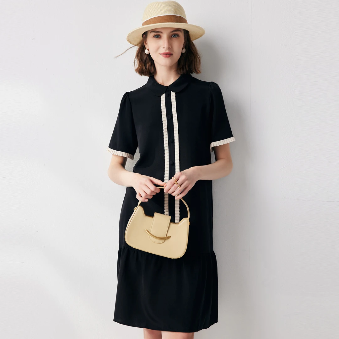 【24姆米重绉】23夏季翻领拼色桑蚕丝连衣裙ES23859Z