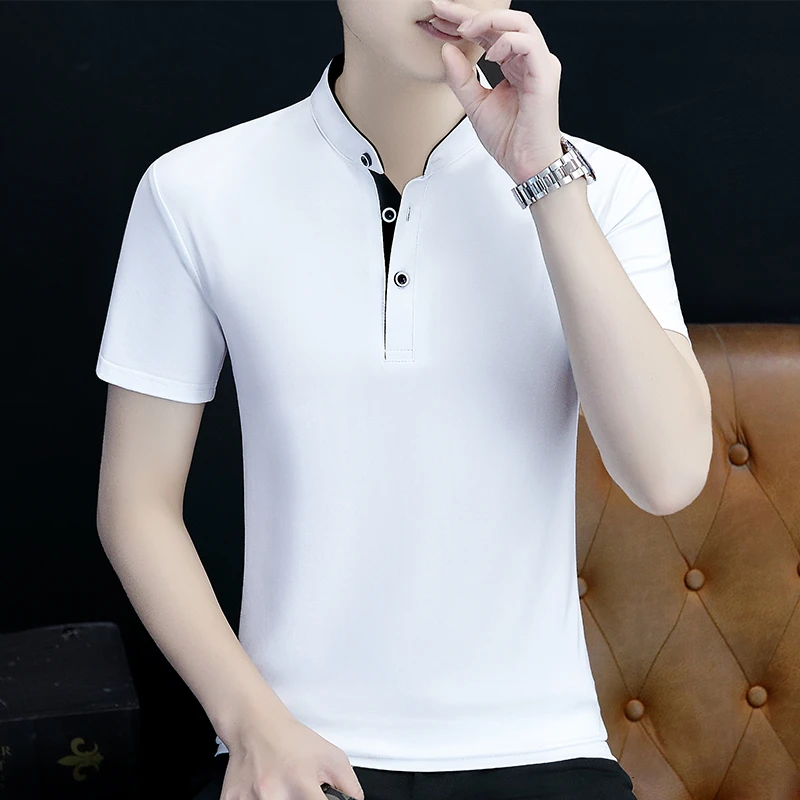 短袖韩版纯色夏季薄款时尚男白色T恤半袖上衣t恤潮流修身休闲翻领