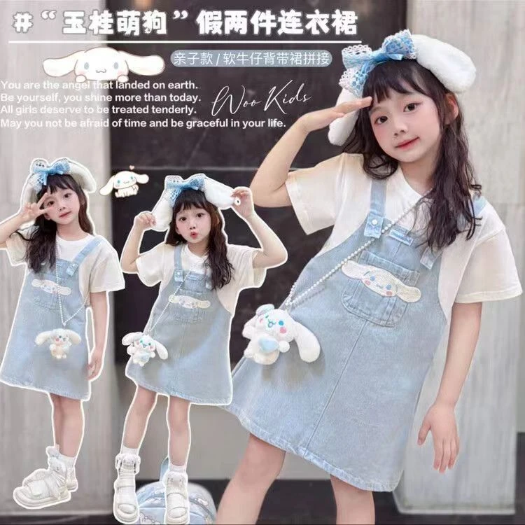 女童牛仔裙夏季2025新款洋气假两件中大童韩版小女孩卡通连衣裙
