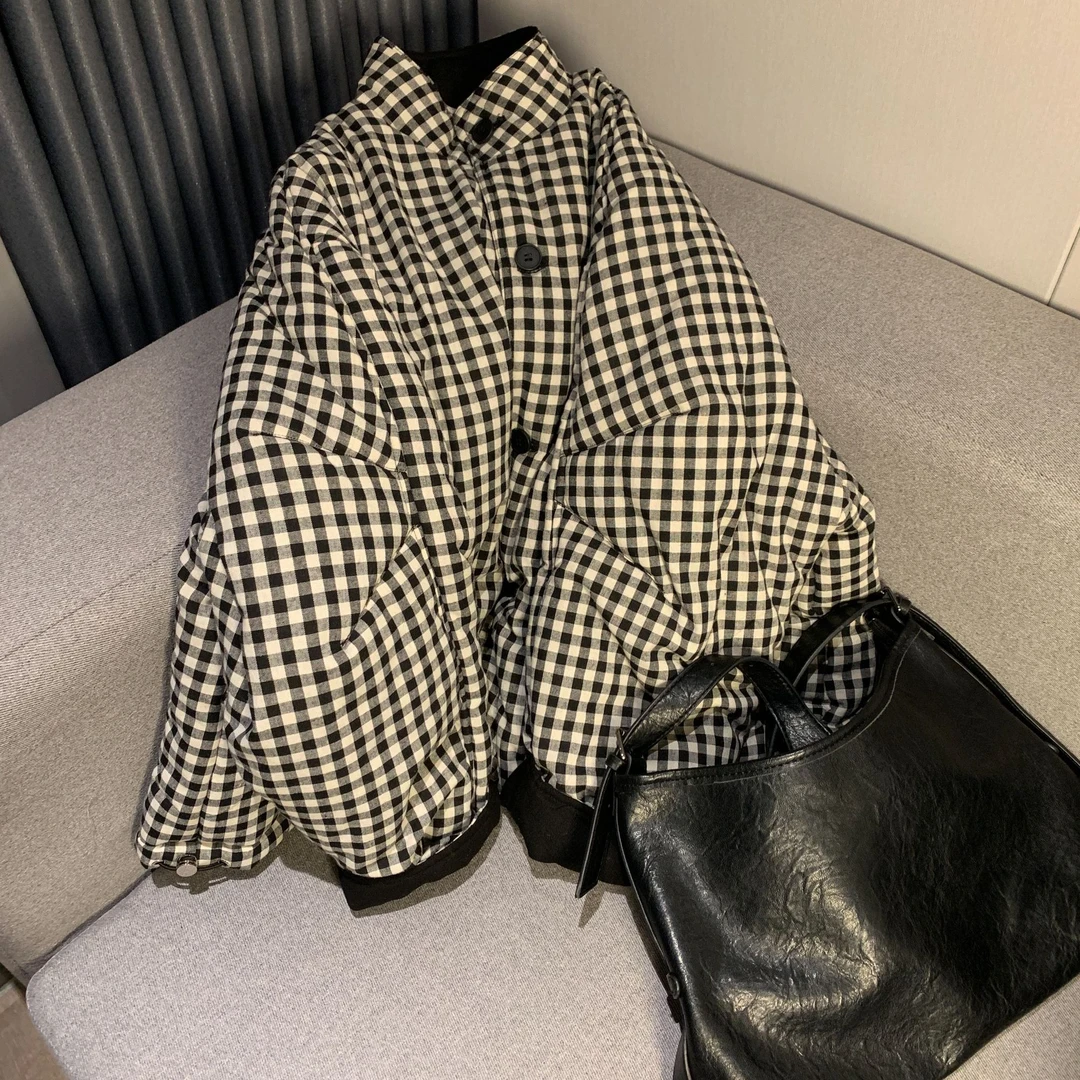 S2343  【卷死她】秋冬新款两穿格子棉衣女单排扣宽松外套
