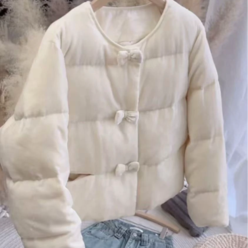 S2377  秋冬新款蝴蝶结扣圆领简约棉服外套