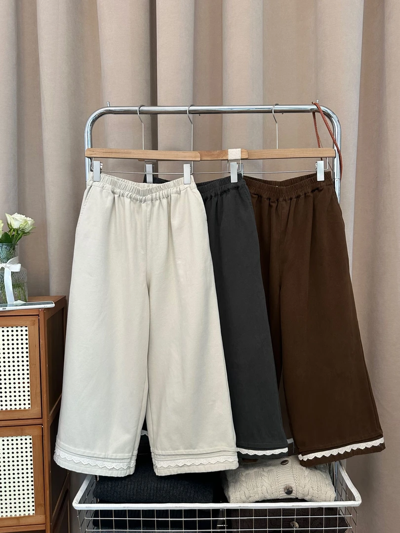 【韩系加绒花边裤】花财家自制磨毛加绒加厚显瘦百搭宽松直筒花边裤