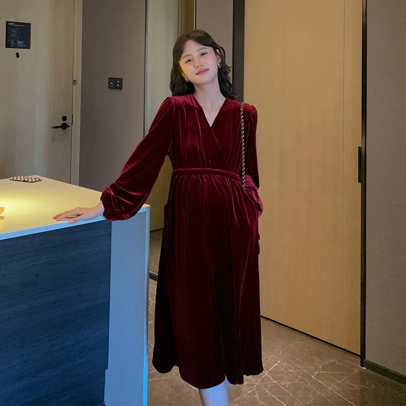 韩式极简~气质丝绒中长款孕妇连衣裙D395