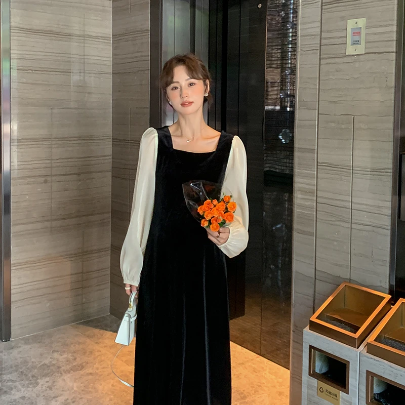 【清仓】法式浪漫~时髦秋冬丝绒拼接显瘦时尚气质连衣裙D558