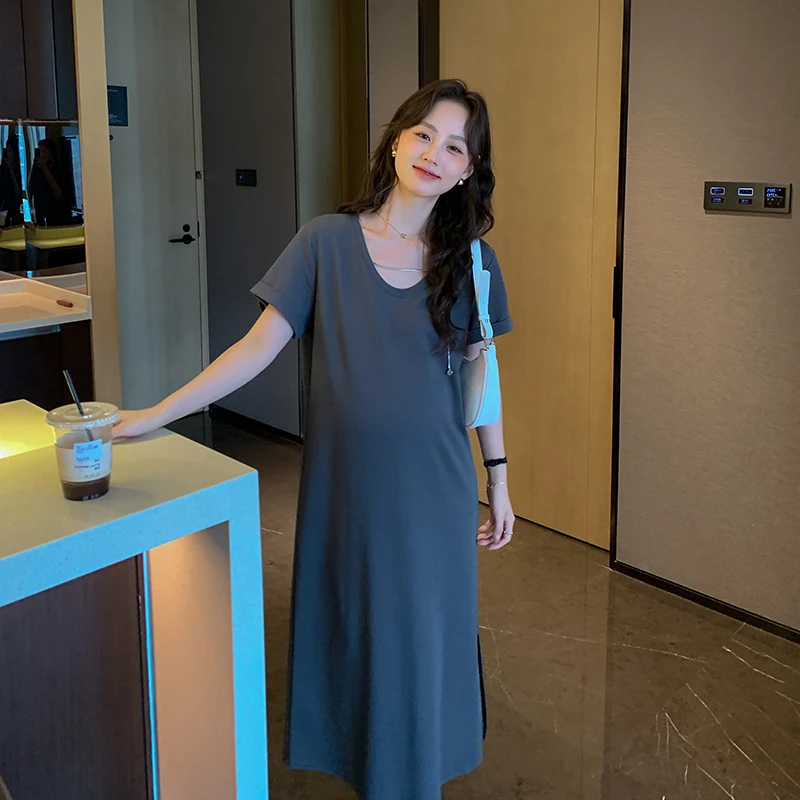 2024夏季新款宽松休闲孕妇长款连衣裙女纯色时尚大码韩版孕妇装