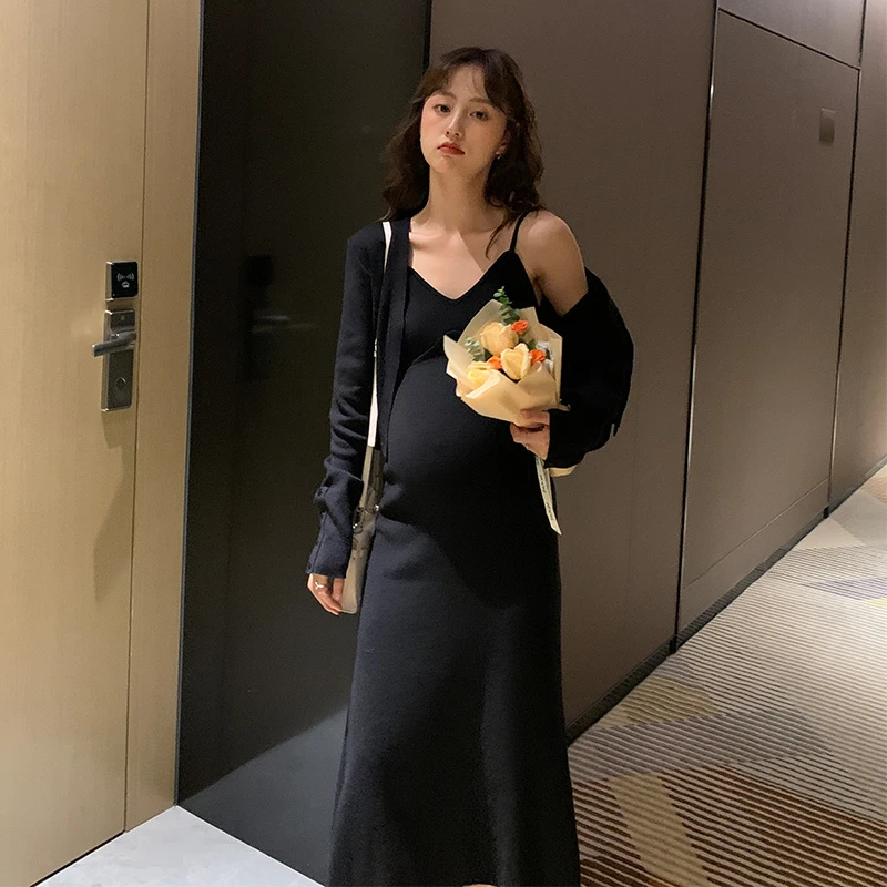 精致孕期~春秋针织毛线时髦两件套连衣裙显瘦套装时尚孕妇装