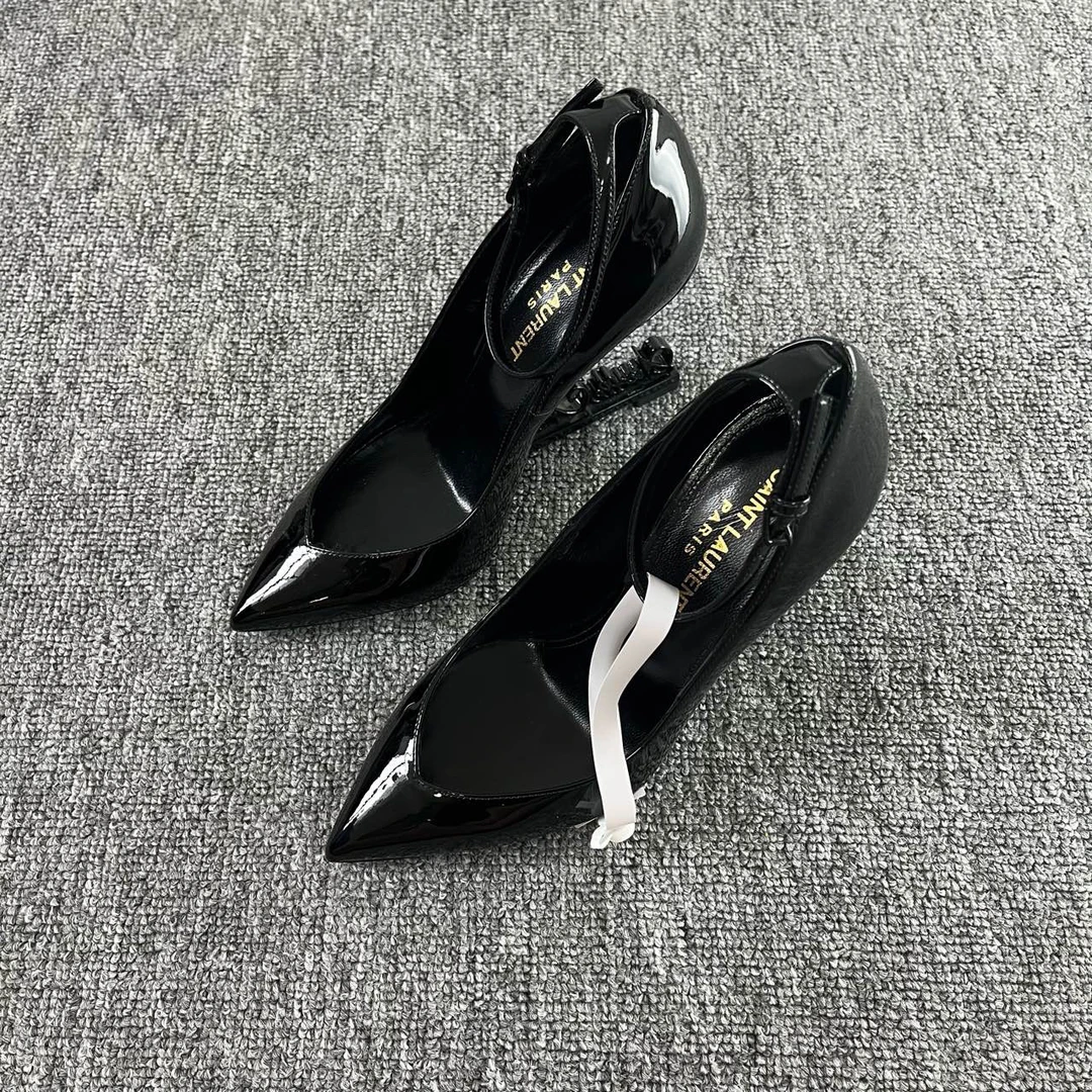Ysl/圣罗兰 漆皮尖头镂空字母高跟鞋 35码/0244