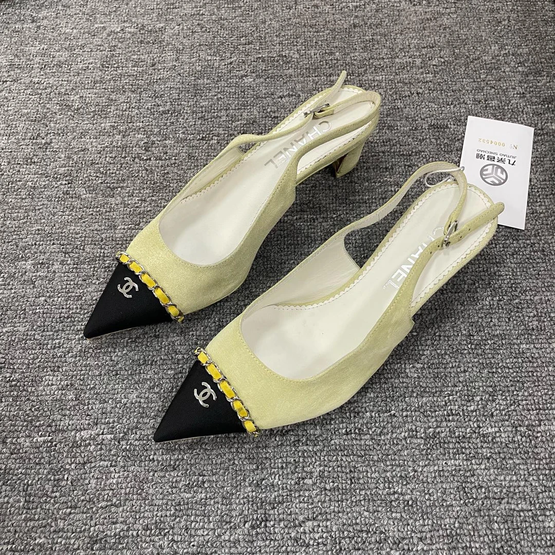 CHANEL/香奈儿 （有盒）徽标尖头露跟粗跟高跟鞋 37.5码/4532