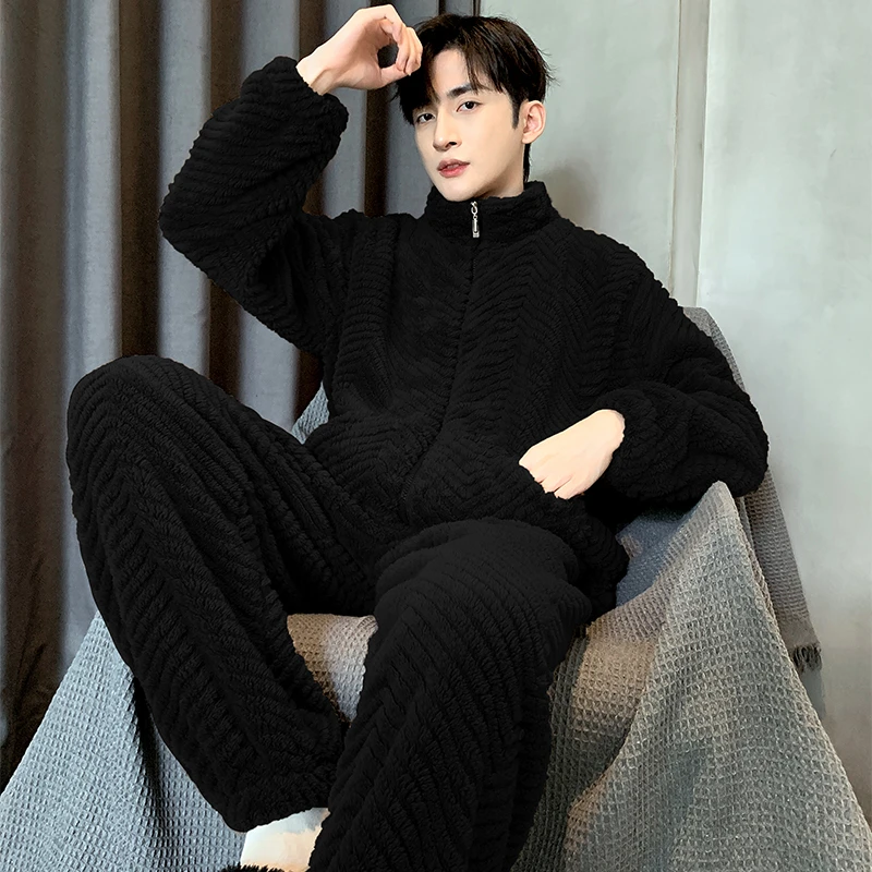 睡衣男冬季珊瑚绒加厚加绒冬天黑色秋冬款男士睡衣冬款加厚加绒