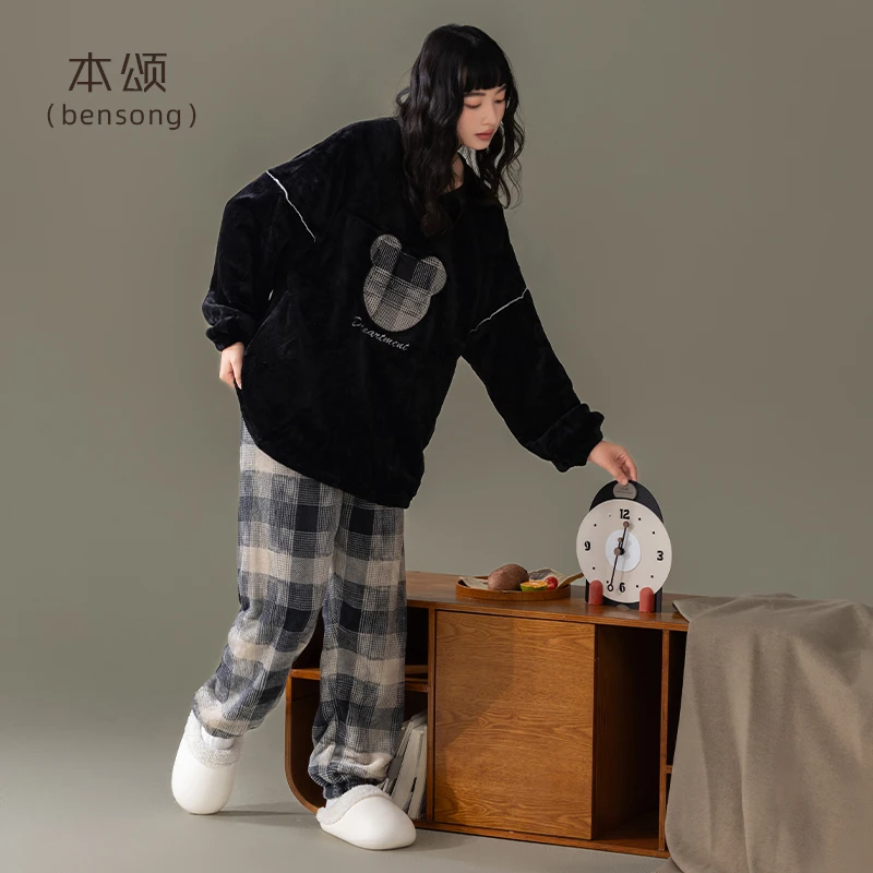 【保暖】珊瑚绒睡衣女秋冬款加厚加绒格子女款冬季天家居服套装