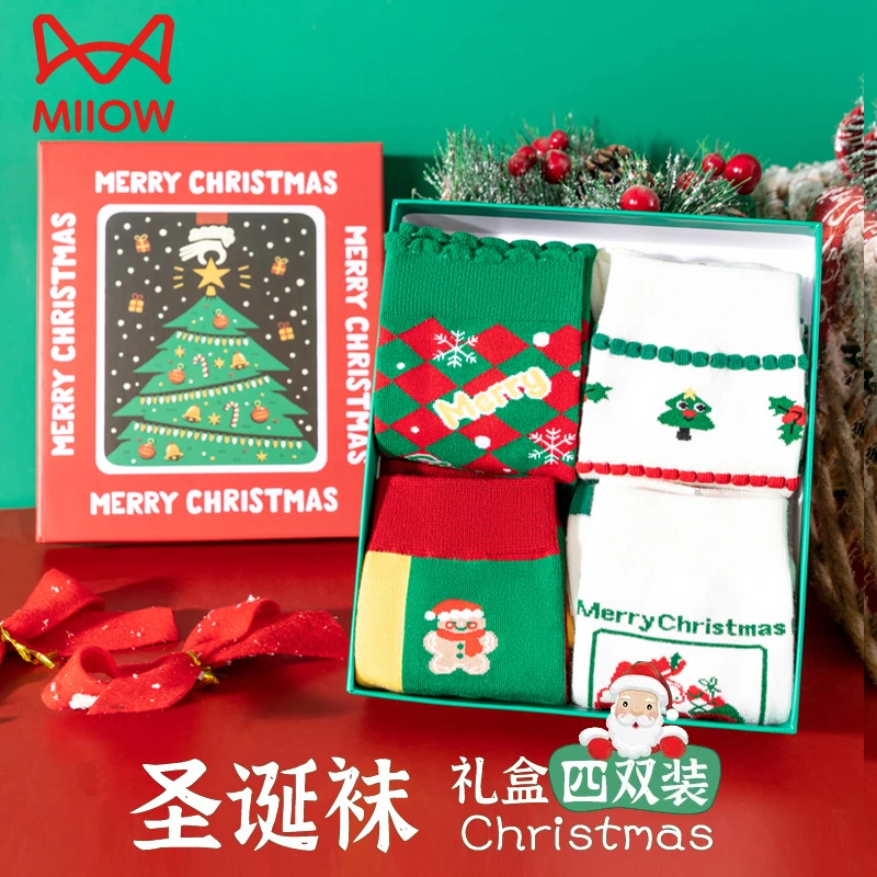 猫人礼盒装圣诞袜子实用红色袜子可爱卡通原创女中筒袜圣诞节礼物