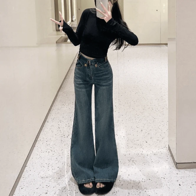 高腰微喇牛仔裤女早时尚新款显瘦弹力宽松垂感小个子喇叭裤蓝